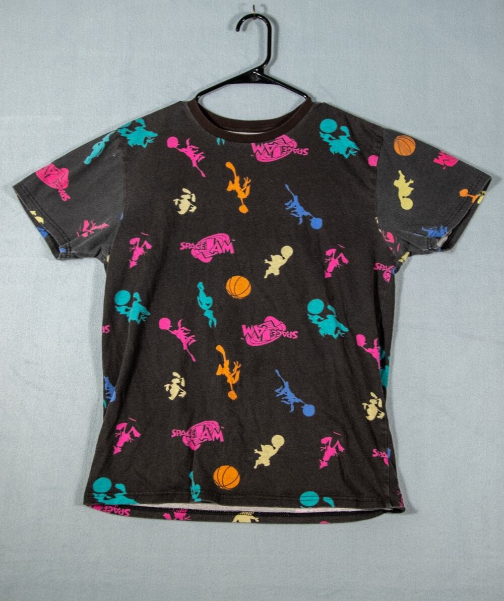 Space Jam All Over Print T Shirt Mens Small Black Graphic Basketball Cartoon Tee